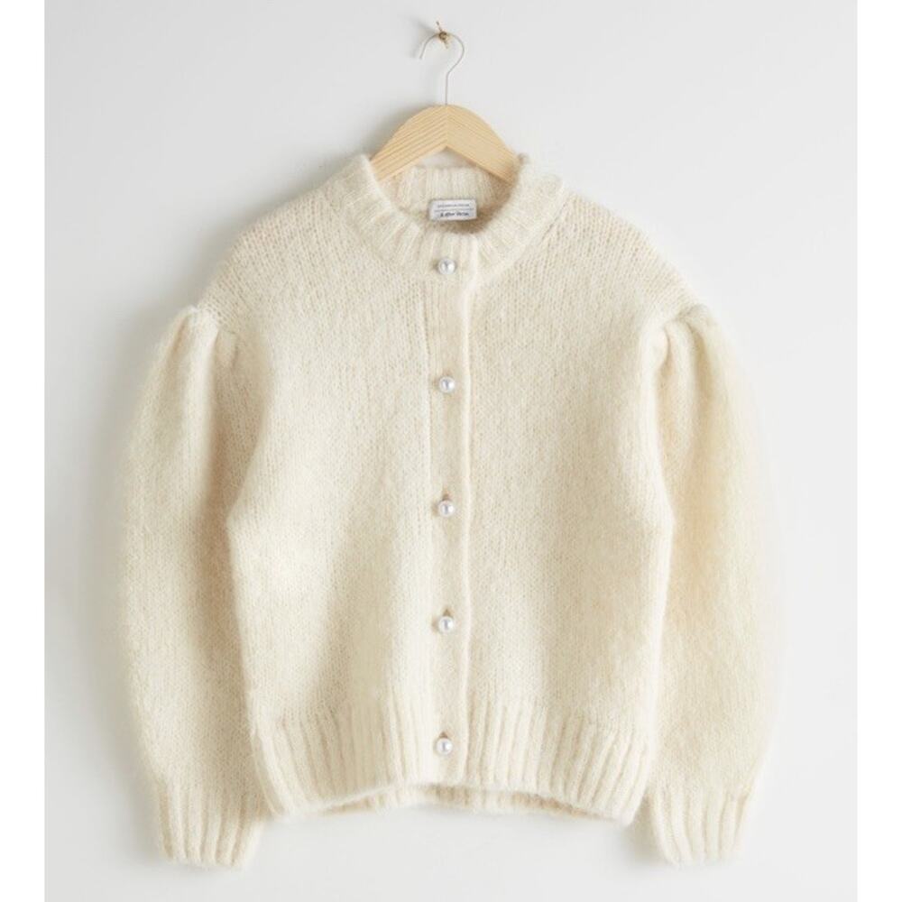 & Other Stories Cream Pearl-Button Puff Sleeve Cardigan - Picture 2 of 7